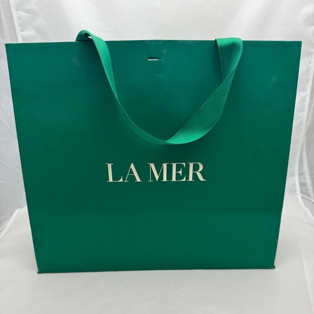 💚 La Mer Extra Large Gift Bags Set of 3 + 2 Satin Ribbons Logo 11x12x5 Used